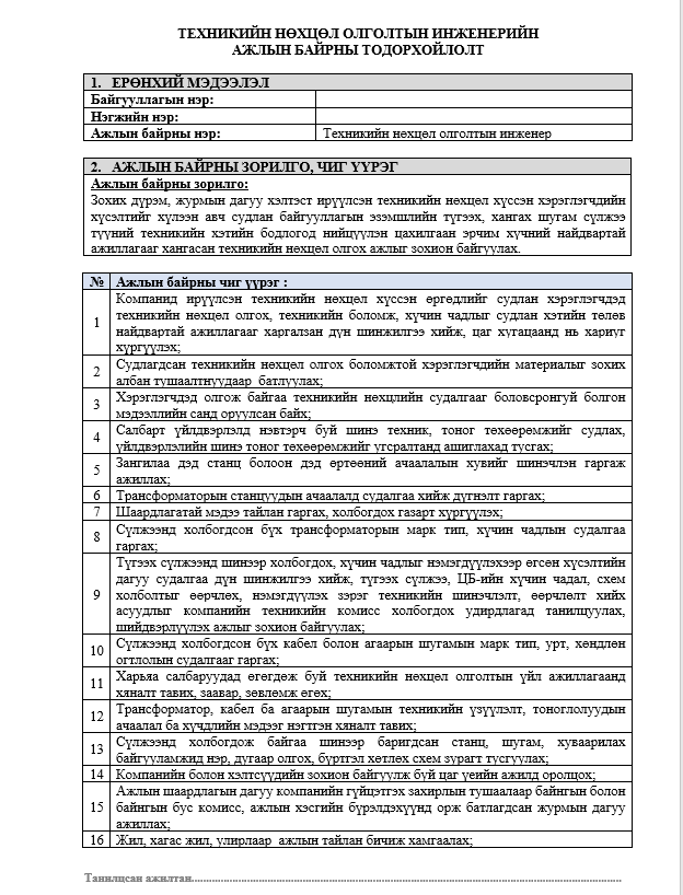 ТЕХНИКИЙН НӨХЦӨЛ ОЛГОЛТЫН ИНЖЕНЕРИЙН АЖЛЫН БАЙРНЫ ТОДОРХОЙЛОЛТ
